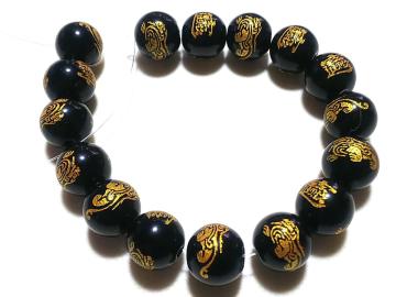 天然石★オニキス 虎神(金彫り)12mm 半連