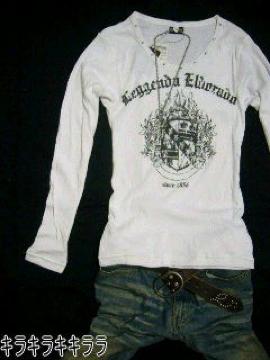 《New》クロスネックレス付★テレコ&スタッズプリ* ロンTee<ホワイトL>