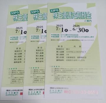 33FG 三十三銀行 株主優遇定期預金 +0.25%金利アップ 3枚セット 期限2026年6月末
