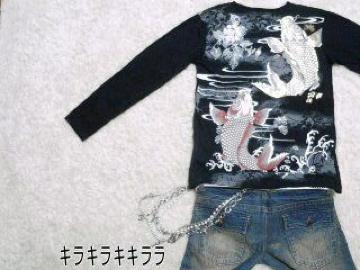 《New》<和柄>バック総柄【昇り鯉】箔*ロンTee<ブラックM>
