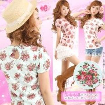 【夢展望】可愛い♪ラブリーバックリボン パフスリ花柄カットソー ホワイト