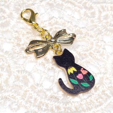 ハンドメイド☆ファスナーチャーム☆ねこちゃん☆黒お花