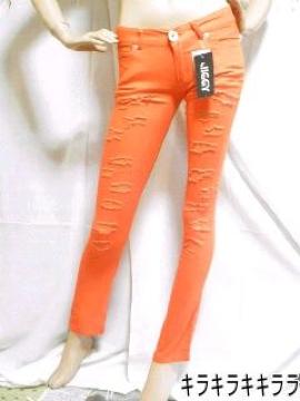 《New》スーパーストレッチ★美ライン・クラッシュ*スキニーデニム<オレンジw64>