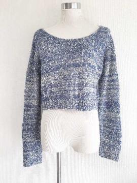 青ブルー白ホワイトブークレーミックスニットオフショル金銀ミニ