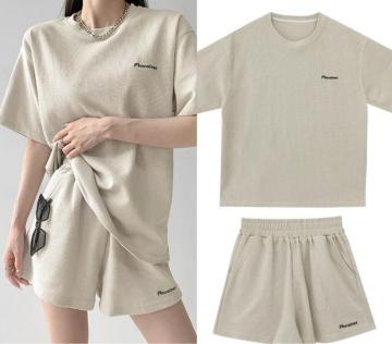 セットアップ ショートパンツ 刺繍英字 ベージュ系 大きいサイズ