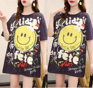ゆったりtシャツ  ロング スマイル柄 ブラック 大きいサイズ