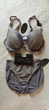 Kirei Salonキレイサロン上品グレーお洒落レースふかふか柔らか快適ストレッチモールドブラジャー&パンツ2点セットC80/L