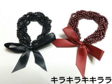 《New》ヘアアクセ★リボン付・ジャラジャラ*シュシュ【2個セット(ブラック&レッド)】