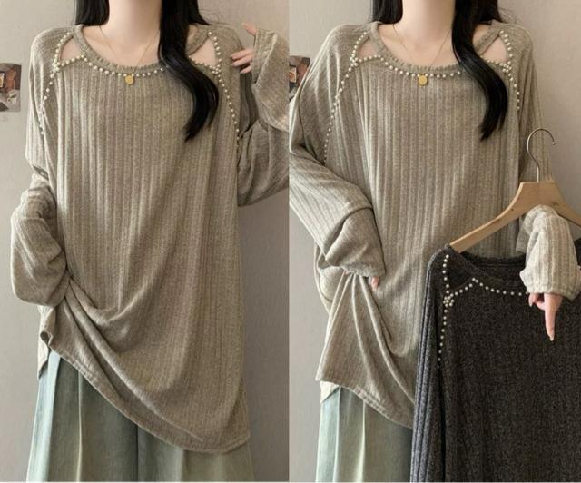 薄手ニット パール付き ロング丈 ベージュ系 大きいサイズ < 女性ファッション 薄手ニット パール付き ロング丈 ベージュ系 大きいサイズ < 女性ファッションの