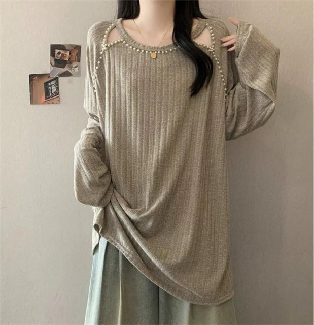 薄手ニット パール付き ロング丈 ベージュ系 大きいサイズ < 女性ファッション 薄手ニット パール付き ロング丈 ベージュ系 大きいサイズ < 女性ファッションの