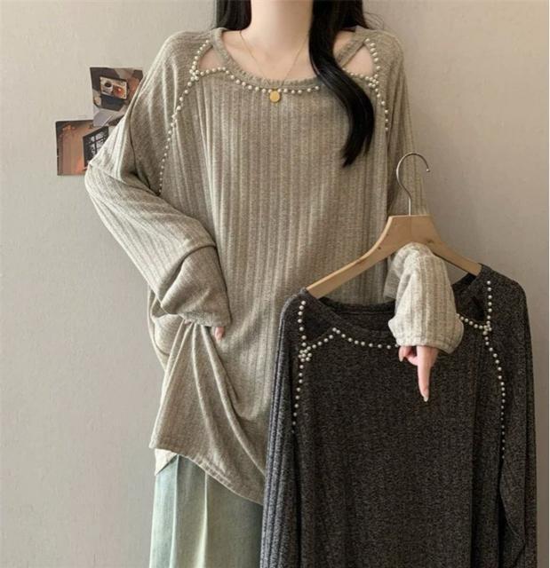 薄手ニット パール付き ロング丈 ベージュ系 大きいサイズ < 女性ファッション 薄手ニット パール付き ロング丈 ベージュ系 大きいサイズ < 女性ファッションの