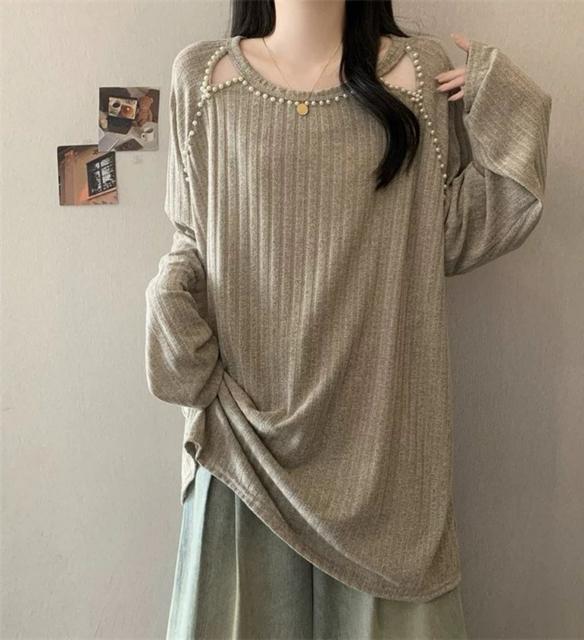 薄手ニット パール付き ロング丈 ベージュ系 大きいサイズ < 女性ファッション 薄手ニット パール付き ロング丈 ベージュ系 大きいサイズ < 女性ファッションの