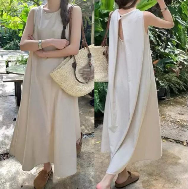 ノースリーブ フレアワンピース ロング丈 背中開き ベージュ系 大きいサイズ < 女性ファッション ノースリーブ フレアワンピース ロング丈 背中開き ベージュ系 大きいサイズ < 女性ファッションの