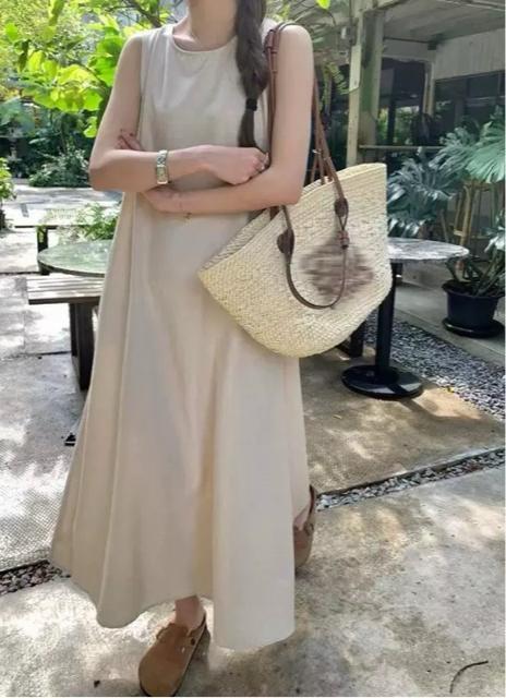 ノースリーブ フレアワンピース ロング丈 背中開き ベージュ系 大きいサイズ < 女性ファッション ノースリーブ フレアワンピース ロング丈 背中開き ベージュ系 大きいサイズ < 女性ファッションの