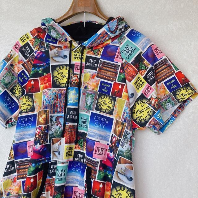 カラフルプリント フード付き 半袖 ラグラン ゆったり パーカー LL N2m < 女性ファッション カラフルプリント フード付き 半袖 ラグラン ゆったり パーカー LL N2m < 女性ファッションの