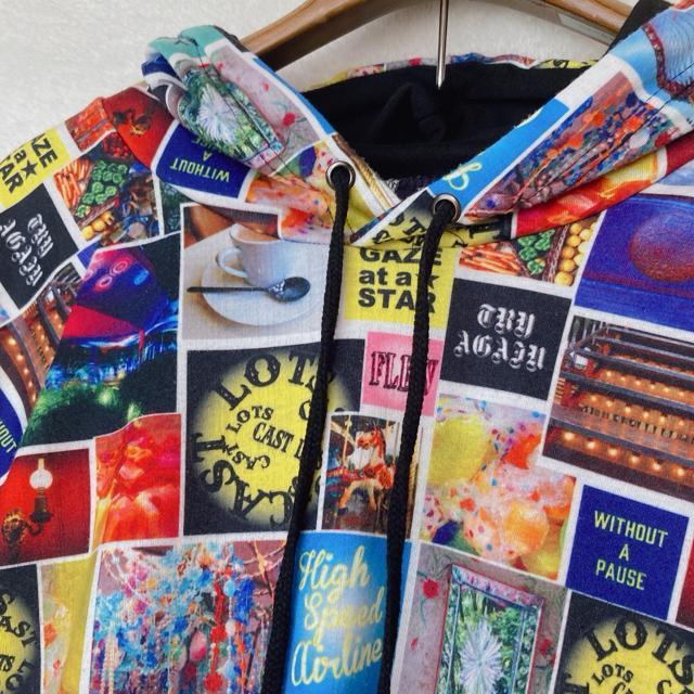 カラフルプリント フード付き 半袖 ラグラン ゆったり パーカー LL N2m < 女性ファッション カラフルプリント フード付き 半袖 ラグラン ゆったり パーカー LL N2m < 女性ファッションの