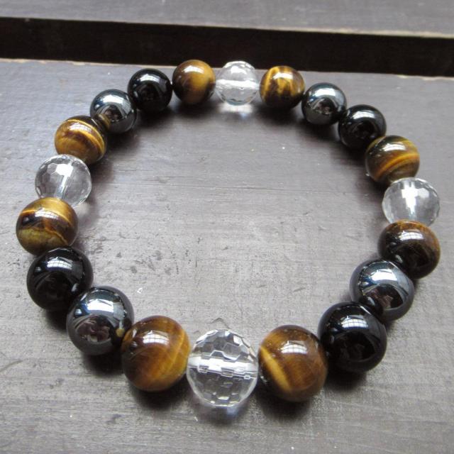 タイガーアイxオニキスxヘマタイトxカット水晶ブレスレット < 男性アクセサリー/時計 タイガーアイxオニキスxヘマタイトxカット水晶ブレスレット < 男性アクセサリー/時計の