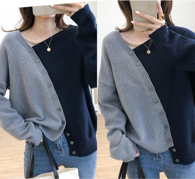 配色 ニット セーター アシメ ネイビーグレー 大きいサイズ < 女性ファッション 配色 ニット セーター アシメ ネイビーグレー 大きいサイズ < 女性ファッションの