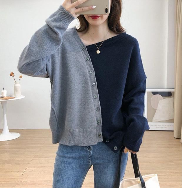 配色 ニット セーター アシメ ネイビーグレー 大きいサイズ < 女性ファッション 配色 ニット セーター アシメ ネイビーグレー 大きいサイズ < 女性ファッションの