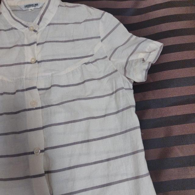 オフホワイト グレーボーダー 綿スタンドカラーシャツミ二ワンピース チュニック < 女性ファッション  オフホワイト グレーボーダー 綿スタンドカラーシャツミ二ワンピース チュニック < 女性ファッションの