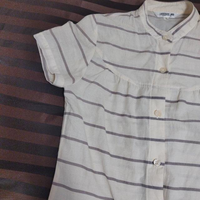 オフホワイト グレーボーダー 綿スタンドカラーシャツミ二ワンピース チュニック < 女性ファッション  オフホワイト グレーボーダー 綿スタンドカラーシャツミ二ワンピース チュニック < 女性ファッションの