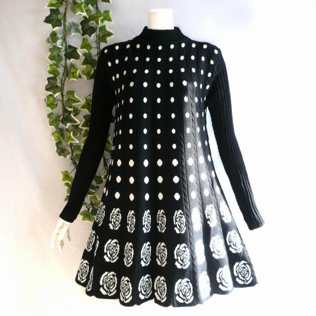 新品 9979 ML プリーツ織 ニット チュニック ワンピース 黒 白 秋 冬 レディース ドット 薔薇柄 ハイネック リブ袖 < 女性ファッション 新品 9979 ML プリーツ織 ニット チュニック ワンピース 黒 白 秋 冬 レディース ドット 薔薇柄 ハイネック リブ袖 < 女性ファッションの