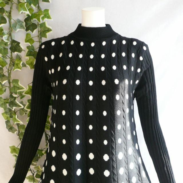 新品 9979 ML プリーツ織 ニット チュニック ワンピース 黒 白 秋 冬 レディース ドット 薔薇柄 ハイネック リブ袖 < 女性ファッション 新品 9979 ML プリーツ織 ニット チュニック ワンピース 黒 白 秋 冬 レディース ドット 薔薇柄 ハイネック リブ袖 < 女性ファッションの