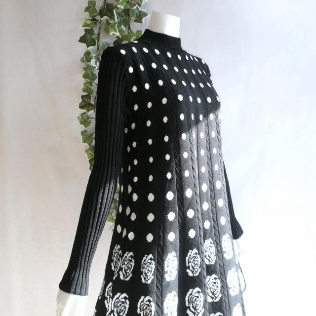 新品 9979 ML プリーツ織 ニット チュニック ワンピース 黒 白 秋 冬 レディース ドット 薔薇柄 ハイネック リブ袖 < 女性ファッション 新品 9979 ML プリーツ織 ニット チュニック ワンピース 黒 白 秋 冬 レディース ドット 薔薇柄 ハイネック リブ袖 < 女性ファッションの
