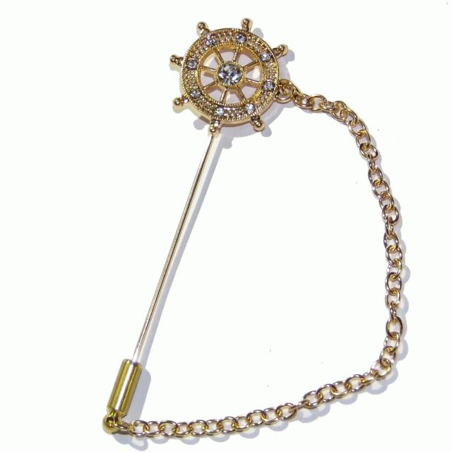 船 舵 カジ ラインストーン ラペルピン ブローチ ピンバッジ 金色 ゴールド色 < 男性アクセサリー/時計  船 舵 カジ ラインストーン ラペルピン ブローチ ピンバッジ 金色 ゴールド色 < 男性アクセサリー/時計の