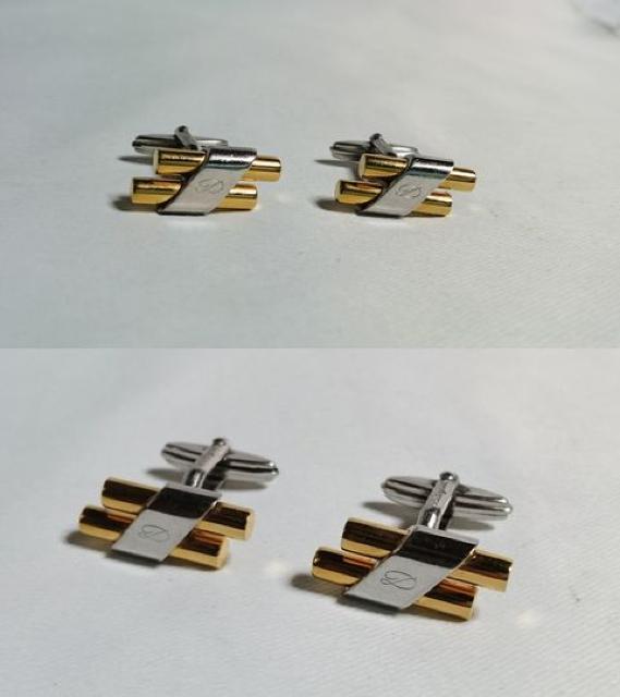 正規良 S.T.Dupontデュポン Dロゴ ヴィンテージカフス ゴールド×シルバー ボタン 2連バーカフリンクス < 男性ファッション  正規良 S.T.Dupontデュポン Dロゴ ヴィンテージカフス ゴールド×シルバー ボタン 2連バーカフリンクス < 男性ファッションの