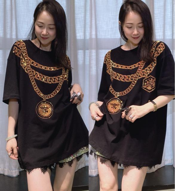 ロングtシャツ キラキララインストーン付き チェーン柄 ブラック 大きいサイズ < 女性ファッション ロングtシャツ キラキララインストーン付き チェーン柄 ブラック 大きいサイズ < 女性ファッションの