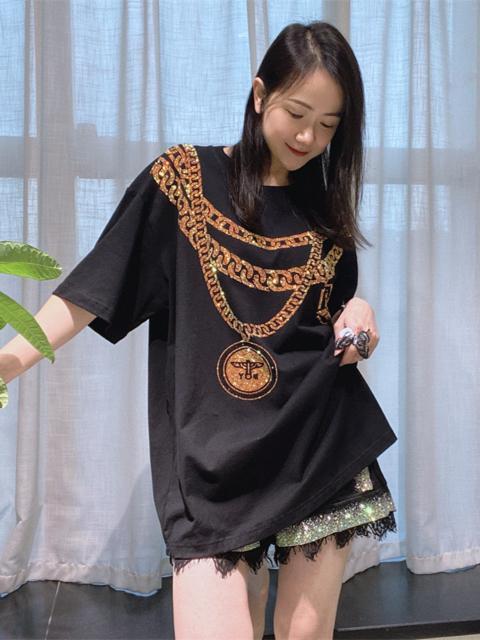 ロングtシャツ キラキララインストーン付き チェーン柄 ブラック 大きいサイズ < 女性ファッション ロングtシャツ キラキララインストーン付き チェーン柄 ブラック 大きいサイズ < 女性ファッションの