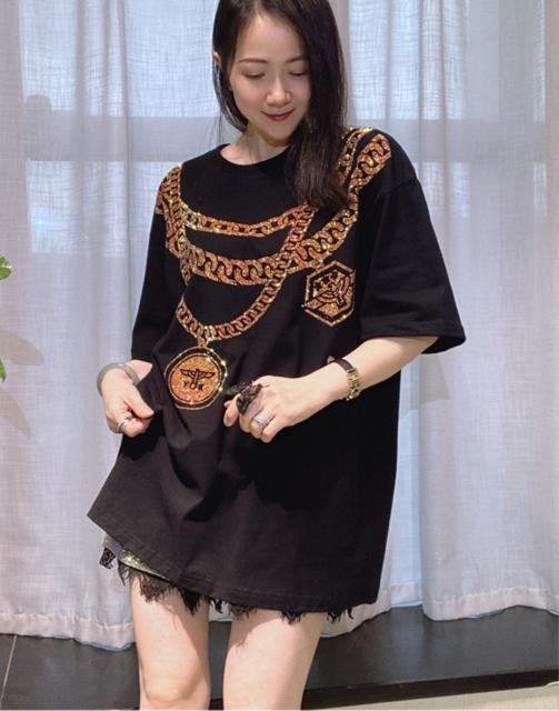 ロングtシャツ キラキララインストーン付き チェーン柄 ブラック 大きいサイズ < 女性ファッション ロングtシャツ キラキララインストーン付き チェーン柄 ブラック 大きいサイズ < 女性ファッションの