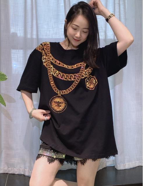 ロングtシャツ キラキララインストーン付き チェーン柄 ブラック 大きいサイズ < 女性ファッション ロングtシャツ キラキララインストーン付き チェーン柄 ブラック 大きいサイズ < 女性ファッションの