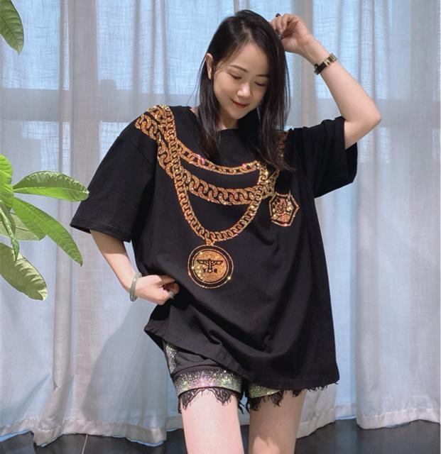 ロングtシャツ キラキララインストーン付き チェーン柄 ブラック 大きいサイズ < 女性ファッション ロングtシャツ キラキララインストーン付き チェーン柄 ブラック 大きいサイズ < 女性ファッションの