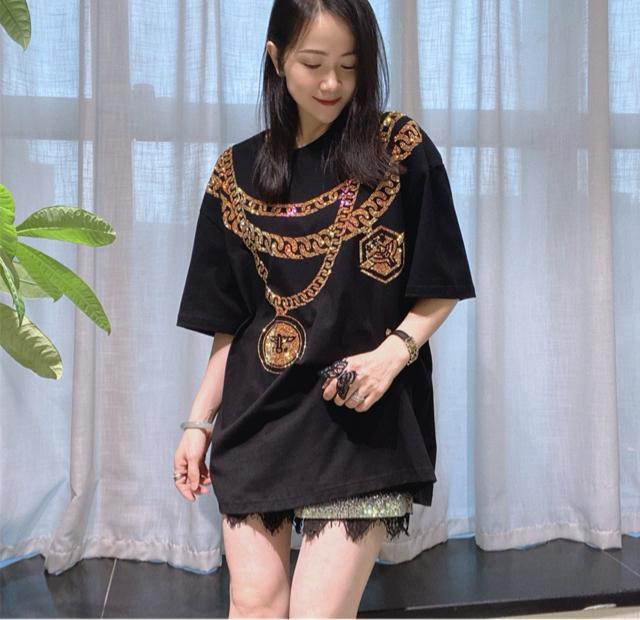 ロングtシャツ キラキララインストーン付き チェーン柄 ブラック 大きいサイズ < 女性ファッション ロングtシャツ キラキララインストーン付き チェーン柄 ブラック 大きいサイズ < 女性ファッションの