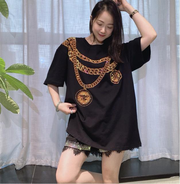 ロングtシャツ キラキララインストーン付き チェーン柄 ブラック 大きいサイズ < 女性ファッション ロングtシャツ キラキララインストーン付き チェーン柄 ブラック 大きいサイズ < 女性ファッションの