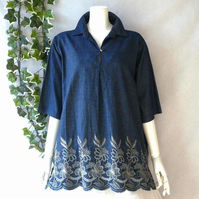 新品 a039 ML 裾花刺繍 綿100% ダンガリー シャツ チュニック インディゴ 春 夏 秋 スキッパー襟 インド製 < 女性ファッション 新品 a039 ML 裾花刺繍 綿100% ダンガリー シャツ チュニック インディゴ 春 夏 秋 スキッパー襟 インド製 < 女性ファッションの