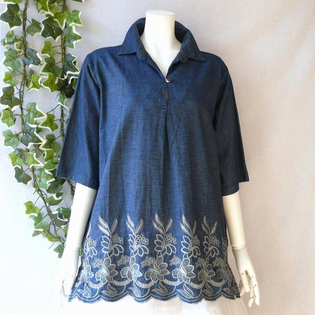新品 a039 ML 裾花刺繍 綿100% ダンガリー シャツ チュニック インディゴ 春 夏 秋 スキッパー襟 インド製 < 女性ファッション 新品 a039 ML 裾花刺繍 綿100% ダンガリー シャツ チュニック インディゴ 春 夏 秋 スキッパー襟 インド製 < 女性ファッションの