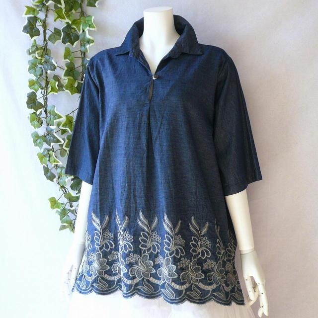 新品 a039 ML 裾花刺繍 綿100% ダンガリー シャツ チュニック インディゴ 春 夏 秋 スキッパー襟 インド製 < 女性ファッション 新品 a039 ML 裾花刺繍 綿100% ダンガリー シャツ チュニック インディゴ 春 夏 秋 スキッパー襟 インド製 < 女性ファッションの
