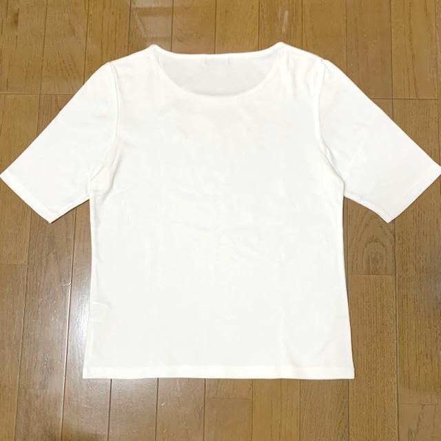 【美品】リボンモチーフ丸首5分袖Tシャツ/白/L/コットン60% < 女性ファッション  【美品】リボンモチーフ丸首5分袖Tシャツ/白/L/コットン60% < 女性ファッションの
