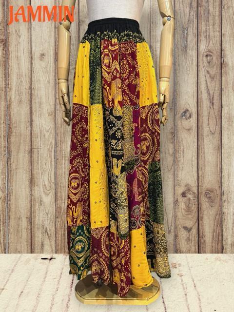 パッチワークフレアスカート ロングスカート 黄色 エスニック アジアン ヒッピー < 女性ファッション パッチワークフレアスカート ロングスカート 黄色 エスニック アジアン ヒッピー < 女性ファッションの