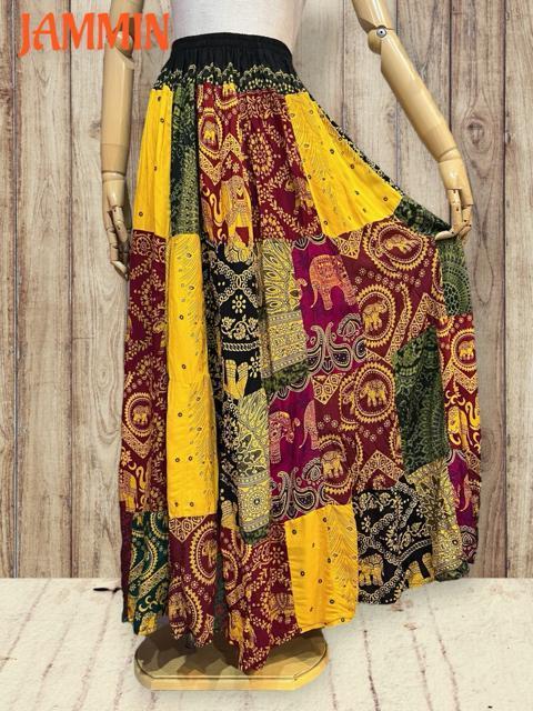 パッチワークフレアスカート ロングスカート 黄色 エスニック アジアン ヒッピー < 女性ファッション パッチワークフレアスカート ロングスカート 黄色 エスニック アジアン ヒッピー < 女性ファッションの