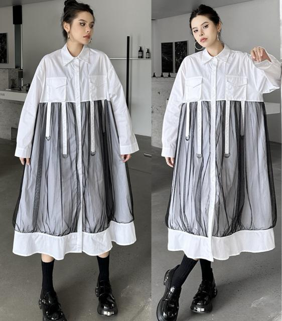 シャツ ワンピース リング付き レース重ね着風 ホワイト 大きいサイズ < 女性ファッション  シャツ ワンピース リング付き レース重ね着風 ホワイト 大きいサイズ  < 女性ファッションの