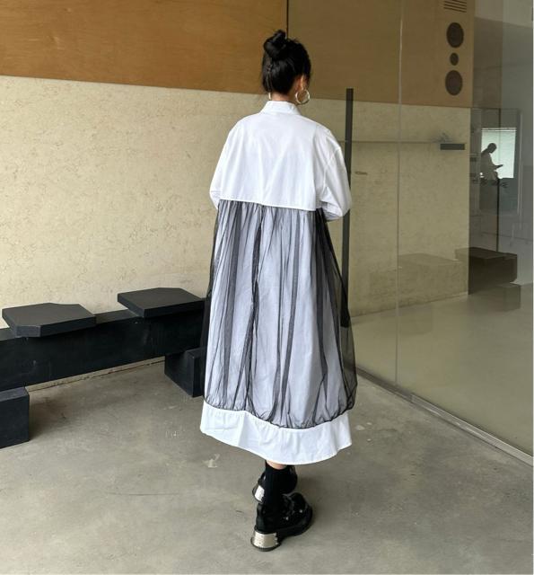 シャツ ワンピース リング付き レース重ね着風 ホワイト 大きいサイズ < 女性ファッション  シャツ ワンピース リング付き レース重ね着風 ホワイト 大きいサイズ < 女性ファッションの