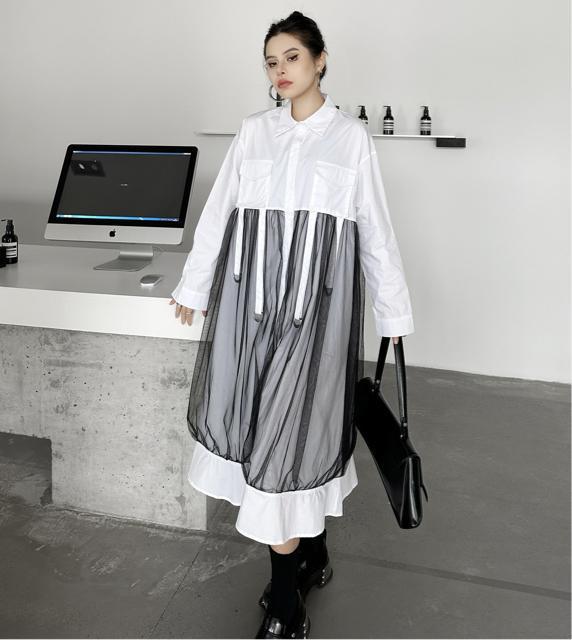シャツ ワンピース リング付き レース重ね着風 ホワイト 大きいサイズ < 女性ファッション  シャツ ワンピース リング付き レース重ね着風 ホワイト 大きいサイズ < 女性ファッションの
