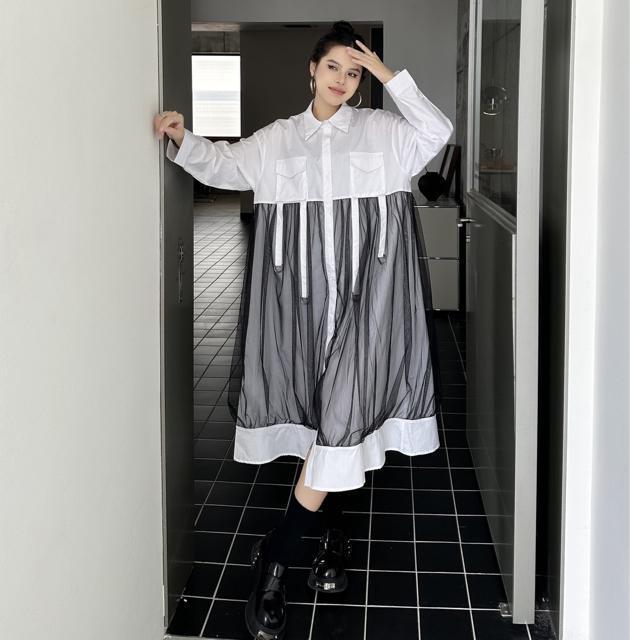 シャツ ワンピース リング付き レース重ね着風 ホワイト 大きいサイズ < 女性ファッション  シャツ ワンピース リング付き レース重ね着風 ホワイト 大きいサイズ < 女性ファッションの