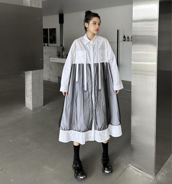 シャツ ワンピース リング付き レース重ね着風 ホワイト 大きいサイズ < 女性ファッション  シャツ ワンピース リング付き レース重ね着風 ホワイト 大きいサイズ < 女性ファッションの