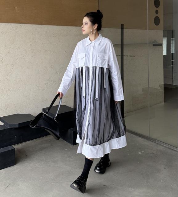 シャツ ワンピース リング付き レース重ね着風 ホワイト 大きいサイズ < 女性ファッション  シャツ ワンピース リング付き レース重ね着風 ホワイト 大きいサイズ < 女性ファッションの