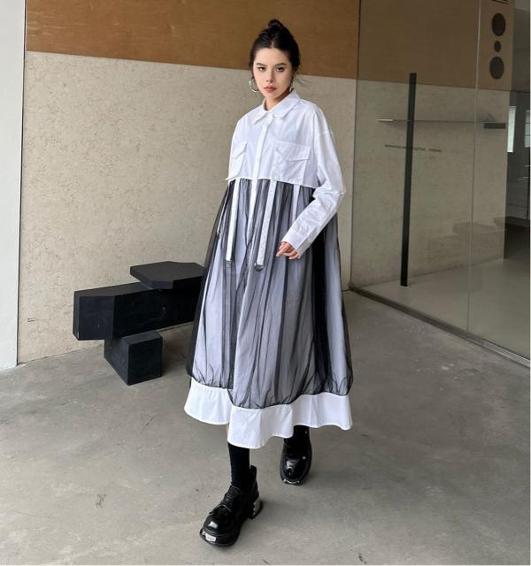 シャツ ワンピース リング付き レース重ね着風 ホワイト 大きいサイズ < 女性ファッション  シャツ ワンピース リング付き レース重ね着風 ホワイト 大きいサイズ < 女性ファッションの